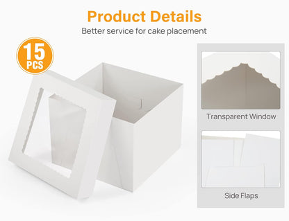 Kootek 15pcs Cake Boxes, 10x10x8 Inches Tall Cake Box with Window, White Bakery Boxes, Large Baking Boxes, Square Cardboard Cake Box for Multi-Layer Cakes, Cake Decorating Supplies for Gift Giving