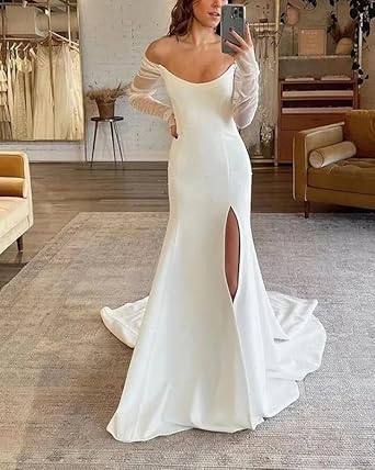 Long Sleeves Mermaid Wedding Dresses for Bride Satin Sweetheart Bridal Gowns Formal Evening Dress with Slit LAW700  Size NO
