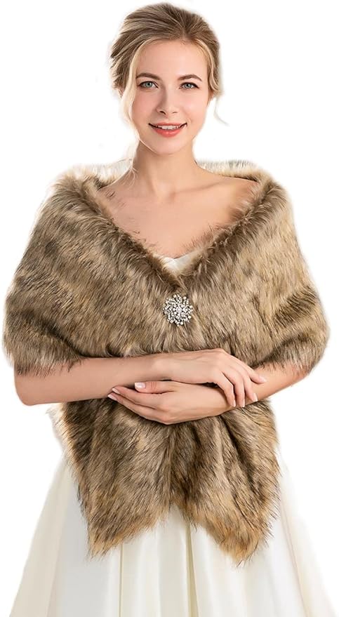 Aukmla womens Long Wedding Faux Fur Wraps Shawls Bridal Stole Brides Bridesmaids, Brown, Free size