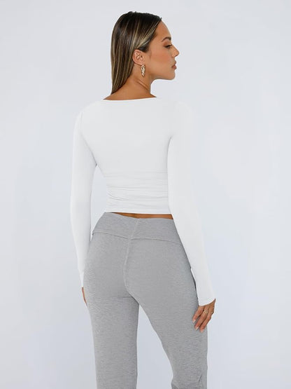 Trendy Queen Womens Long Sleeve Shirts Crop Tops Square Neck Going Out Basics Tees Y2K Winter ClothesSize S