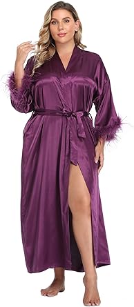 MissNina Women's Satin Kimono Robe with Ostrich Feather Trim Silk Robes Bridesmaid Robes Bridal Party Sleepwear  Size No