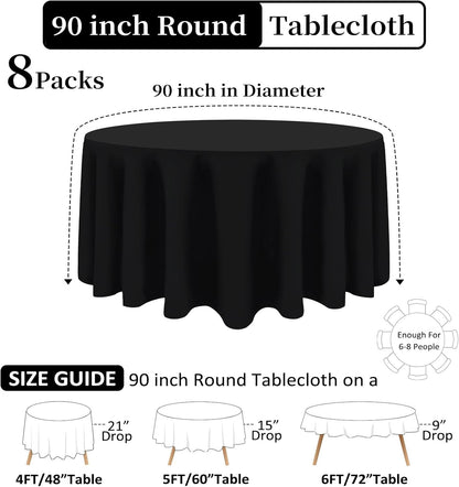 8 Pack Black Round Tablecloths 90 Inch Black Table Cloth Stain and Wrinkle Resistant Reusable and Washable Polyester Fabric for Buffet Wedding Party and Banquet