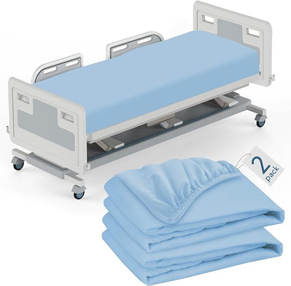 Hospital Bed Sheets Fitted 36" x 84" x 9", 2 Pack Blue Hospital Bed Sheets for Home & Hospital Care Beds, Soft Hospital Sheets with Elastic All Around