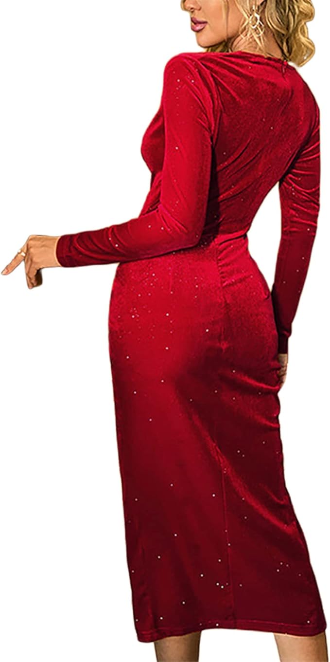 Muineobuka Women V Neck Velvet Maxi Dress Long Sleeve Cocktail Dress Ruched Velvet Bodycon Dress Party Long Dress Size XS