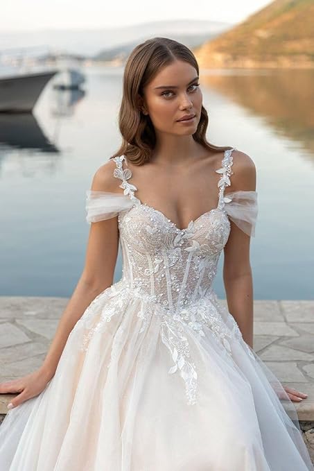 Q-Tawwer Off The Shoulder Wedding Dresses for Women White Bridal Dress Lace Wedding Gowns for Women Bride Size 6