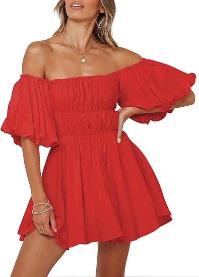 Dokotoo Off Shoulder Summer Dress for Women Short Lantern Sleeve A-Line Ruched Bust Red Dresses Casual Elastic Waist Party Mini Dress Medium size no