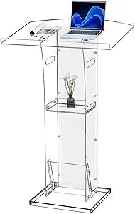 KSacry Acrylic Clear Podium Stand with Storage Shelf,Plexiglass Pulpits for Churches,Conference,Speeches,Weddings,Classroom,Professional Presentation Podiums (23.6" L X 17.7" W X 47" H, Transparent)