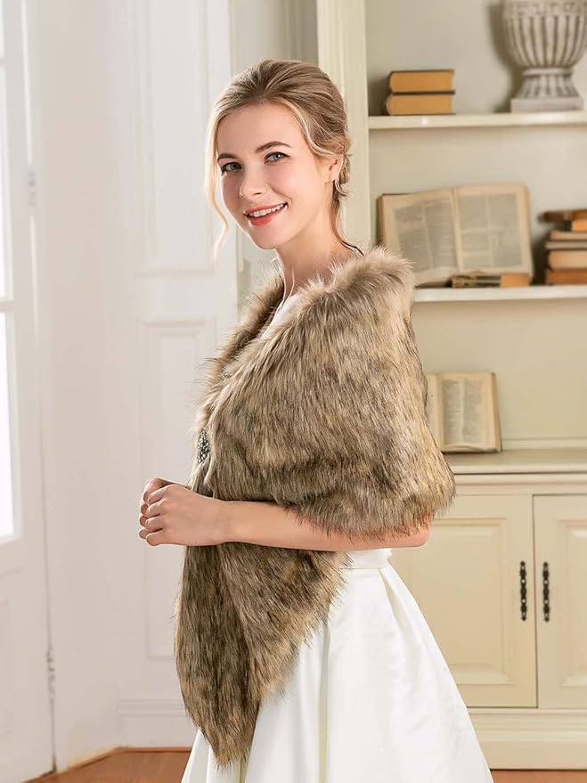 Aukmla womens Long Wedding Faux Fur Wraps Shawls Bridal Stole Brides Bridesmaids, Brown, Free size
