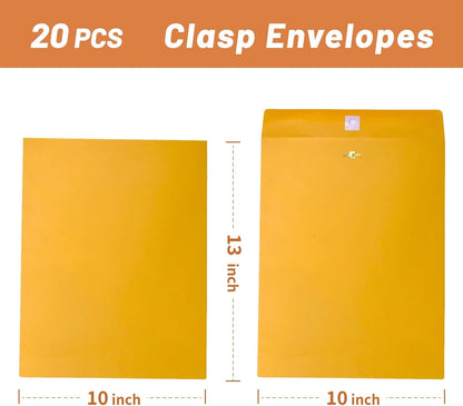 20 Pcs Clasp Envelopes 10x13, Creebe Large Yellow 10 x 13 Manilla Envelopes with Clasp and Gummed Seal for Mailing, 100 GSM Kraft Paper