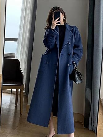 Adhdyuud Women's Woolen Long Trench Coat Winter Casual Lapel Double Breasted Wool Jackets Navy Blue M size M