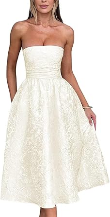 Strapless Jacquard Floral Satin Cocktail Party Gowns Corset A-Line Midi Formal Dresses with Pockets  Size 8