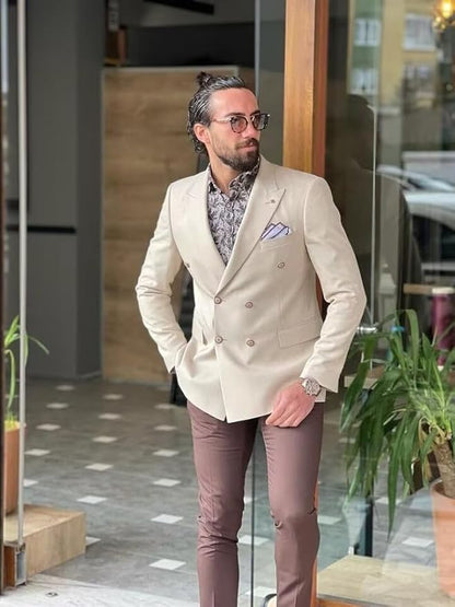 Wangyue Mens Double Breasted Blazer Casual Jacket for Men Slim Fit Sports Coat for Men Business Wedding Dinner Size XL