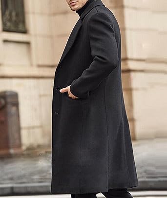 Men's Casual Trench Coat Slim Fit Notched Collar Long Jacket Overcoat Single Breasted Pea Coat wih Pockets size L