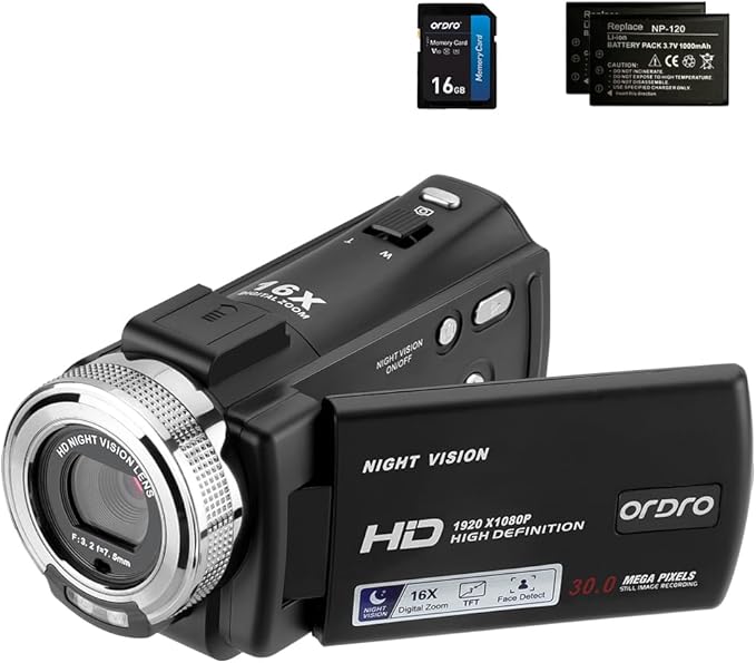 ORDRO Camcorders HDV-V12 HD 1080P Video Camera Recorder Infrared Night Vision Camera Camcorders with 16G Memory Card and 2 Batteries