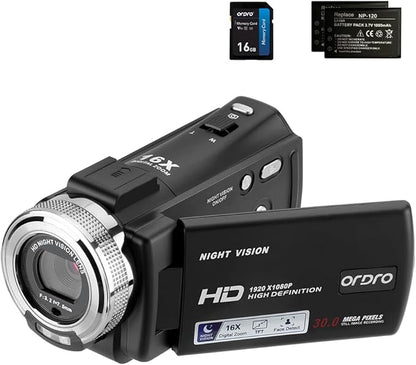 ORDRO Camcorders HDV-V12 HD 1080P Video Camera Recorder Infrared Night Vision Camera Camcorders with 16G Memory Card and 2 Batteries