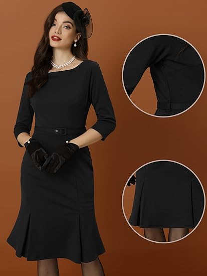 Allegra K Business Elegant Funeral Dresses for Women's Boat Neck 3/4 Sleeve Pleated Modest Midi Dress  didn't find size on picture