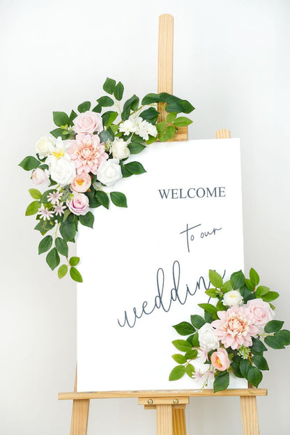 Wedding Decor (Pack of 2) Welcome Sign Flower Backdrop Garland for Ceremony Reception Wall Easel Home Decoration Entryway Faux Outdoor Board Head Table Decor (Blush