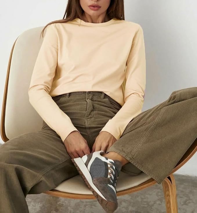 Long Sleeve T-Shirts Casual Fitted Crew Neck Cotton Shirt Loose Fit Size S