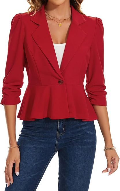 Blazers for Women Casual Elegant Puff 3/4 Sleeve Notched Lapel Cropped Blazer Button Front Ruffle Peplum Jacket size L