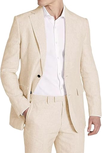 Mens Linen Suit 2 Piece Slim Fit Suit for Men Casual Summer Suit for Wedding Prom Party Beach  Size L