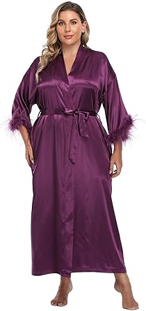 MissNina Women's Satin Kimono Robe with Ostrich Feather Trim Silk Robes Bridesmaid Robes Bridal Party Sleepwear  Size No