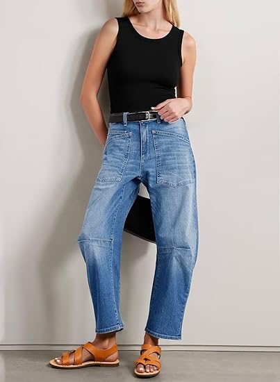 EVALESS Baggy Barrel Jeans for Womens High Waisted Wide Leg Boyfriend Denim Ankle Pants size 32