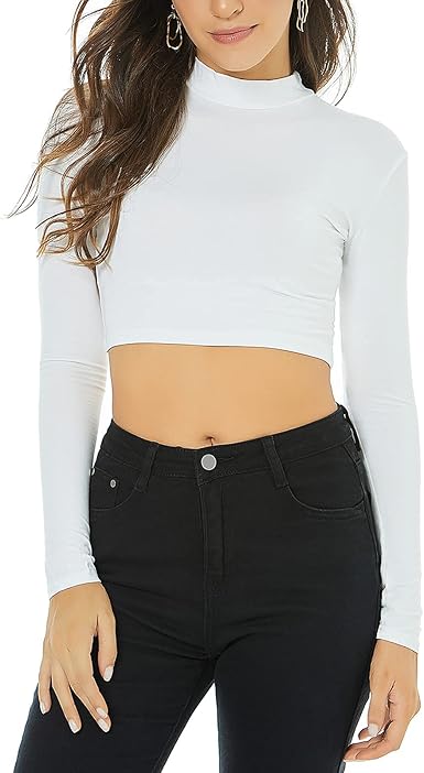 LONGBIDA Women's Long Sleeve Mock Neck Pure Soft Thin Sexy Stretch Crop TOP T Shirt Size S