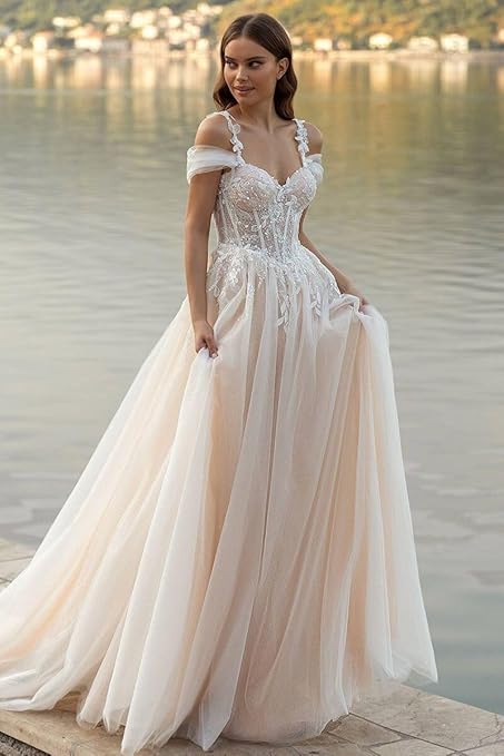 Q-Tawwer Off The Shoulder Wedding Dresses for Women White Bridal Dress Lace Wedding Gowns for Women Bride Size 6