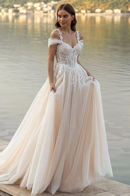 Q-Tawwer Off The Shoulder Wedding Dresses for Women White Bridal Dress Lace Wedding Gowns for Women Bride Size 6