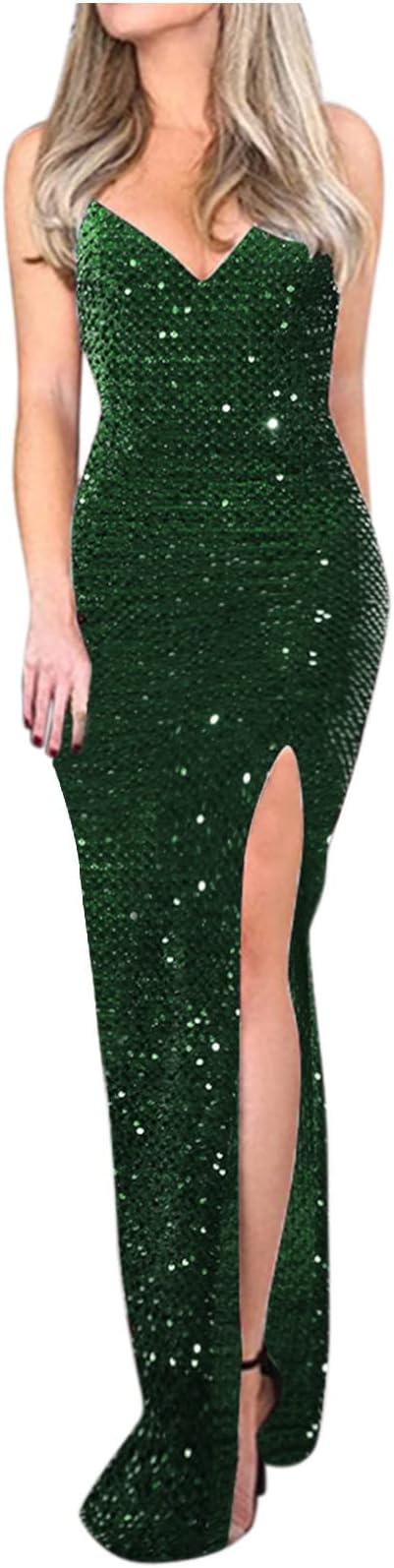 Women's Sequin Formal Maxi Dresses Side Slit Long Prom Dresses Cocktail Party Spaghetti Straps Mermaid Size M