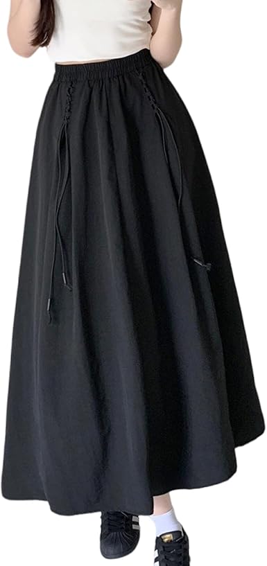 Women's high Waisted Elastic Waistband A-line Skirt, midi Casual Skirt, Long Skirt Size S