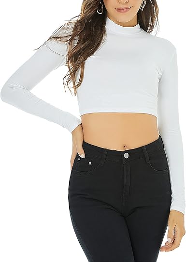 LONGBIDA Women's Long Sleeve Mock Neck Pure Soft Thin Sexy Stretch Crop TOP T Shirt Size S
