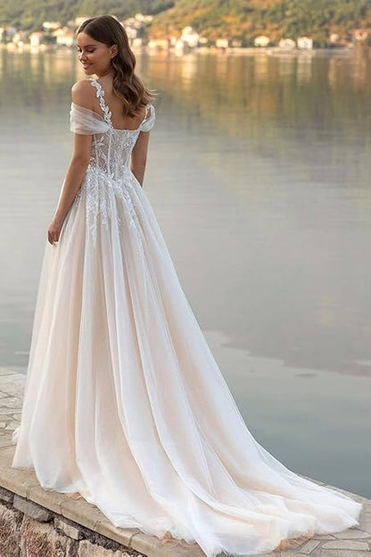 Q-Tawwer Off The Shoulder Wedding Dresses for Women White Bridal Dress Lace Wedding Gowns for Women Bride Size 6