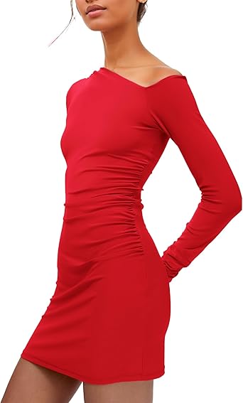 Women’s Mini Bodycon Dress Long Sleeve Rouched Waist Autumn Winter Y2K Club Party Night Out Mini Dress Size S
