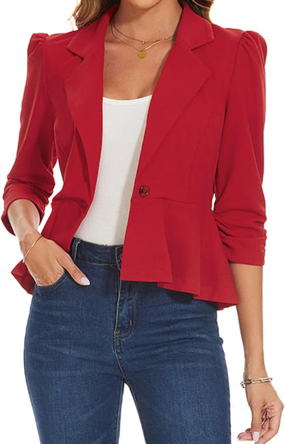 Blazers for Women Casual Elegant Puff 3/4 Sleeve Notched Lapel Cropped Blazer Button Front Ruffle Peplum Jacket size L