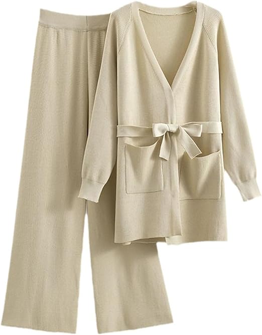 Women's Fall Winter 2 Piece Outfit Warm Cardigan with Belt Knitted Sweater Wide Leg Pants Going Out Loungewear Set Size M