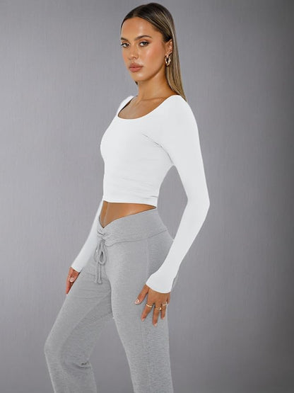 Trendy Queen Womens Long Sleeve Shirts Crop Tops Square Neck Going Out Basics Tees Y2K Winter Clothes Size S