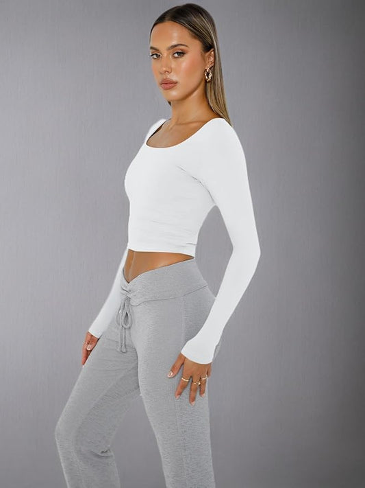 Trendy Queen Womens Long Sleeve Shirts Crop Tops Square Neck Going Out Basics Tees Y2K Winter Clothes Size S