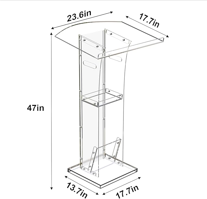 KSacry Acrylic Clear Podium Stand with Storage Shelf,Plexiglass Pulpits for Churches,Conference,Speeches,Weddings,Classroom,Professional Presentation Podiums (23.6" L X 17.7" W X 47" H, Transparent)