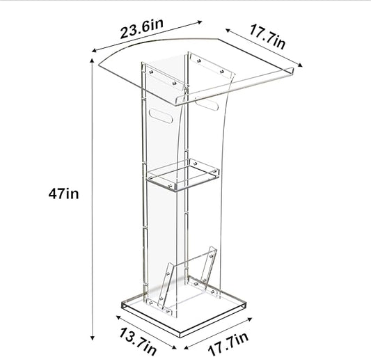KSacry Acrylic Clear Podium Stand with Storage Shelf,Plexiglass Pulpits for Churches,Conference,Speeches,Weddings,Classroom,Professional Presentation Podiums (23.6" L X 17.7" W X 47" H, Transparent)