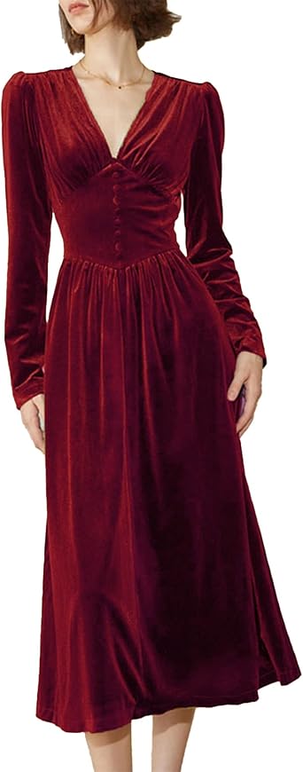 Women's Puff Sleeve Velvet Dress Long Lantern Sleeve V Neck Button Ruffle Pleated Single Breasted Maxi Party Dress  Size M