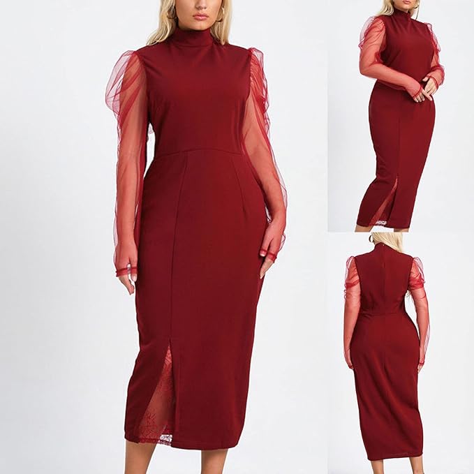 Evening Dresses for Women Elegant Long Sleeve Turtleneck Cocktail Dresses Plus Size Slim Dress Lace Patchwork Maxi Dress size no