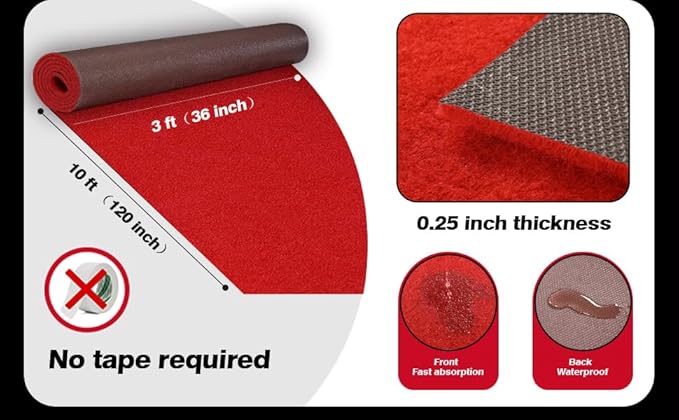 3x10 ft Heavy-Duty Red Carpet Runner with Non-Slip Rubber Backing - 1000 GSM Extra Thick Premium Aisle Rug for Weddings, Proposals, Hollywood-Style Runways & Event Decorations