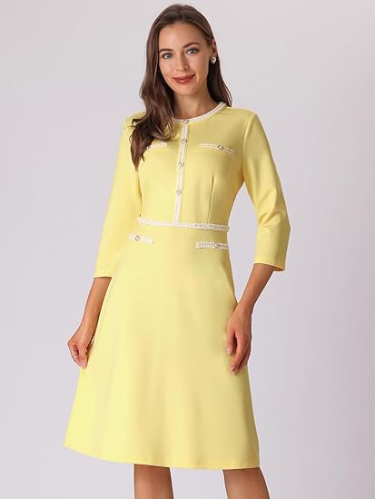 Hobemty Women's A-Line Dress Office 3/4 Sleeve Tweed Trim Elegant Dresses Size M