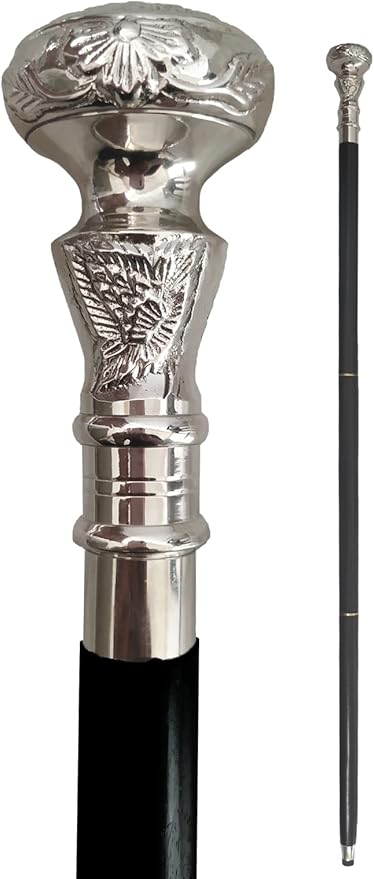 Vintage Antique Walking Cane Wooden Walking Stick Silver Brass Handle Knob Gift