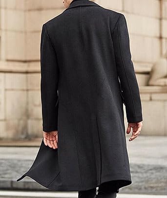 Men's Casual Trench Coat Slim Fit Notched Collar Long Jacket Overcoat Single Breasted Pea Coat wih Pockets size L