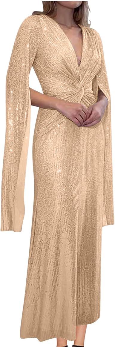Long Sleeve Sequin Dress for Women V Neck Ruched Wrap Formal Evening Gowns Slim Party Cocktail Sparkly Maxi Dresses  Size No