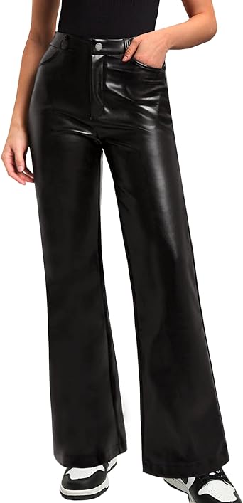 Black Faux Leather Pants for Women High Waisted Flare Leggings Straight Wide Leg Pleather Pants with Pockets size S