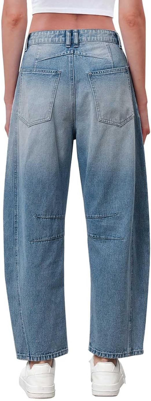 Womens Jeans Mid Rise Barrel Wash Jeans for Women Vintage Wide Leg Cropped Denim Pants Baggy Boyfriend Jeans Ankle Trousers size 36