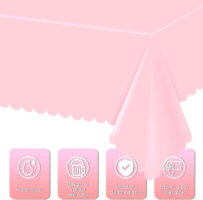 2 Pack Plastic Pink Tablecloths for Rectangle Tables,Disposable Scalloped Edge Table Cloth Waterproof Pink Table Cover for Birthday Bridal Wedding Baby Shower, 54 X 108Inch